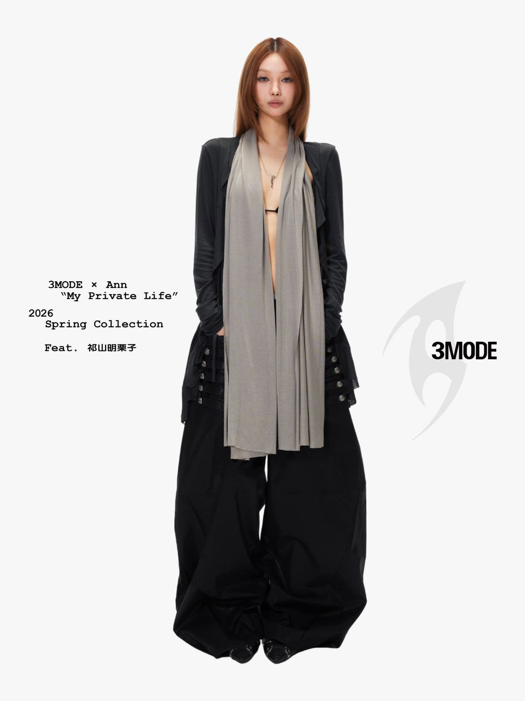 3mode 26ss Qishanminglizi Collaboration Edition - Snap-Button Curved Wide-Leg Pants