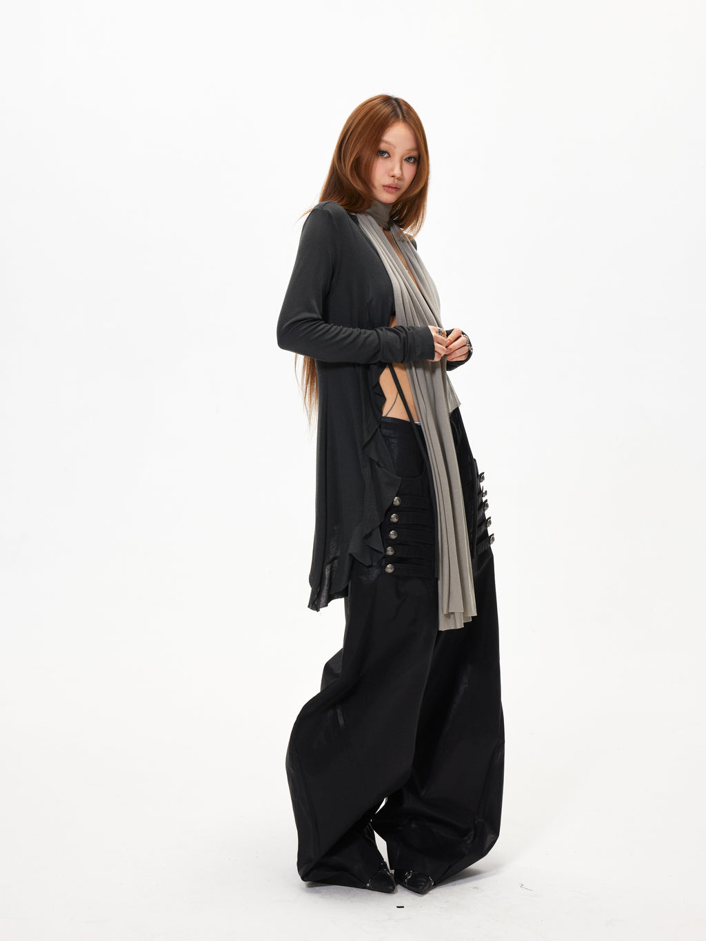 3mode 26ss Qishanminglizi Collaboration Edition - Snap-Button Curved Wide-Leg Pants