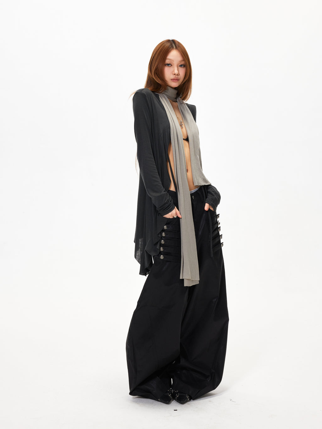 3mode 26ss Qishanminglizi Collaboration Edition - Snap-Button Curved Wide-Leg Pants