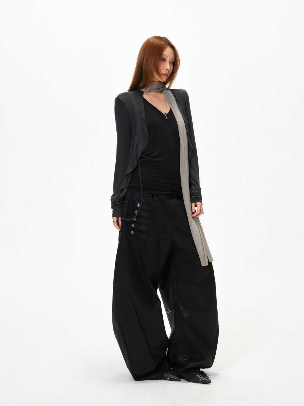 3mode 26ss Qishanminglizi Collaboration Edition - Snap-Button Curved Wide-Leg Pants