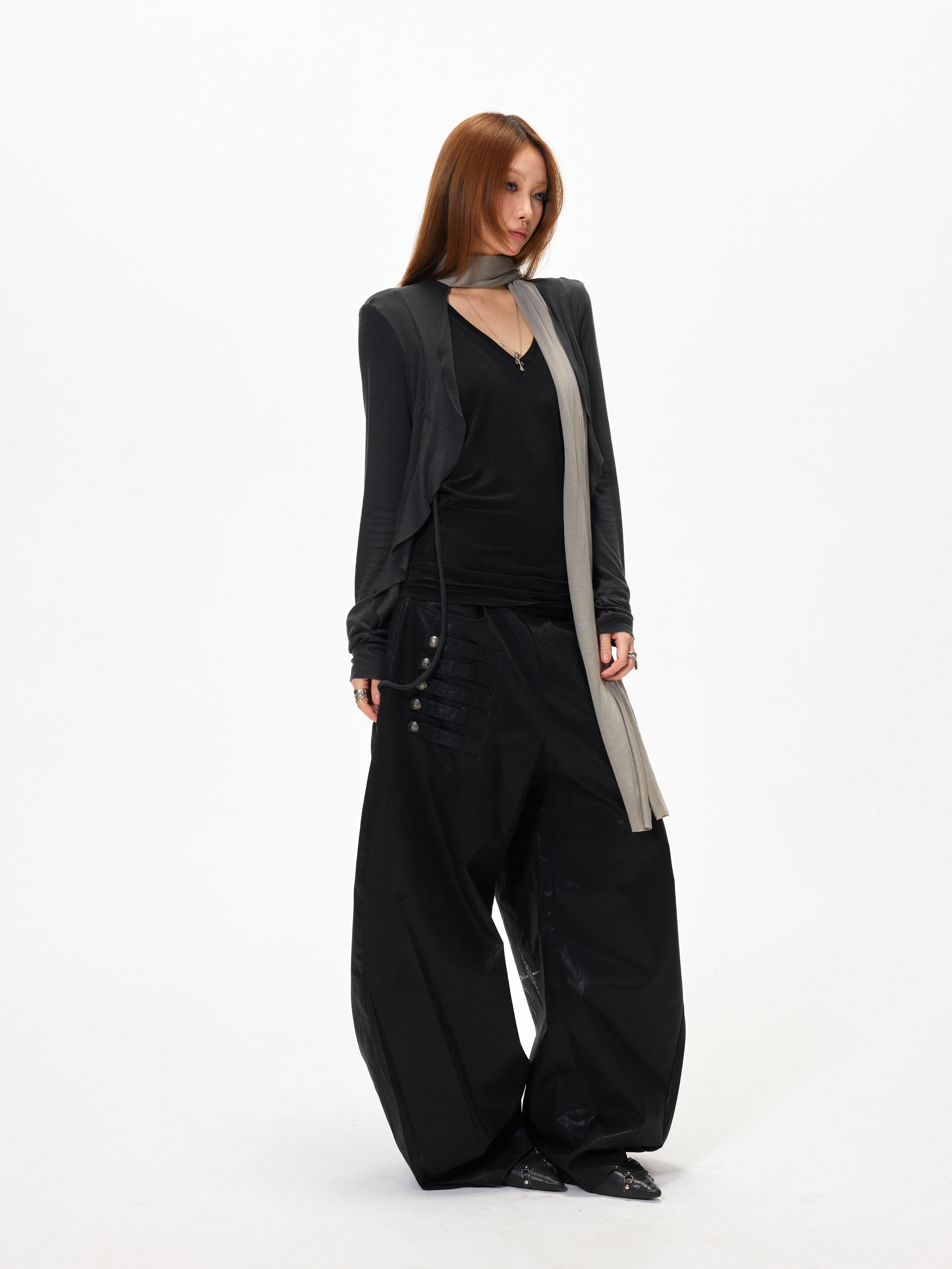 3mode 26ss Qishanminglizi Collaboration Edition - Snap-Button Curved Wide-Leg Pants