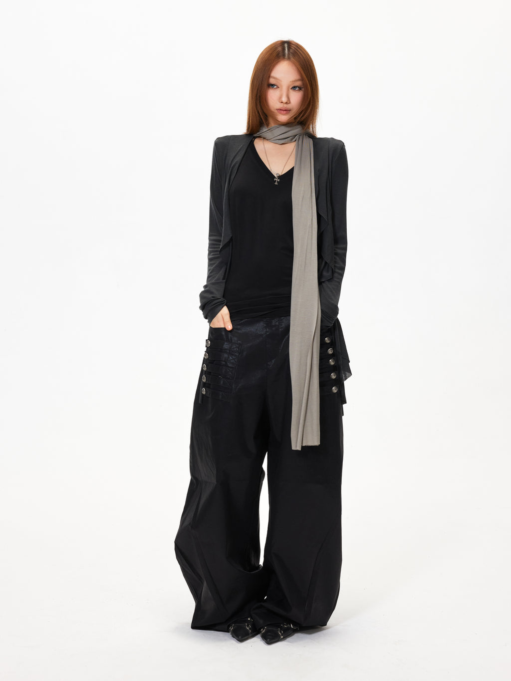 3mode 26ss Qishanminglizi Collaboration Edition - Snap-Button Curved Wide-Leg Pants