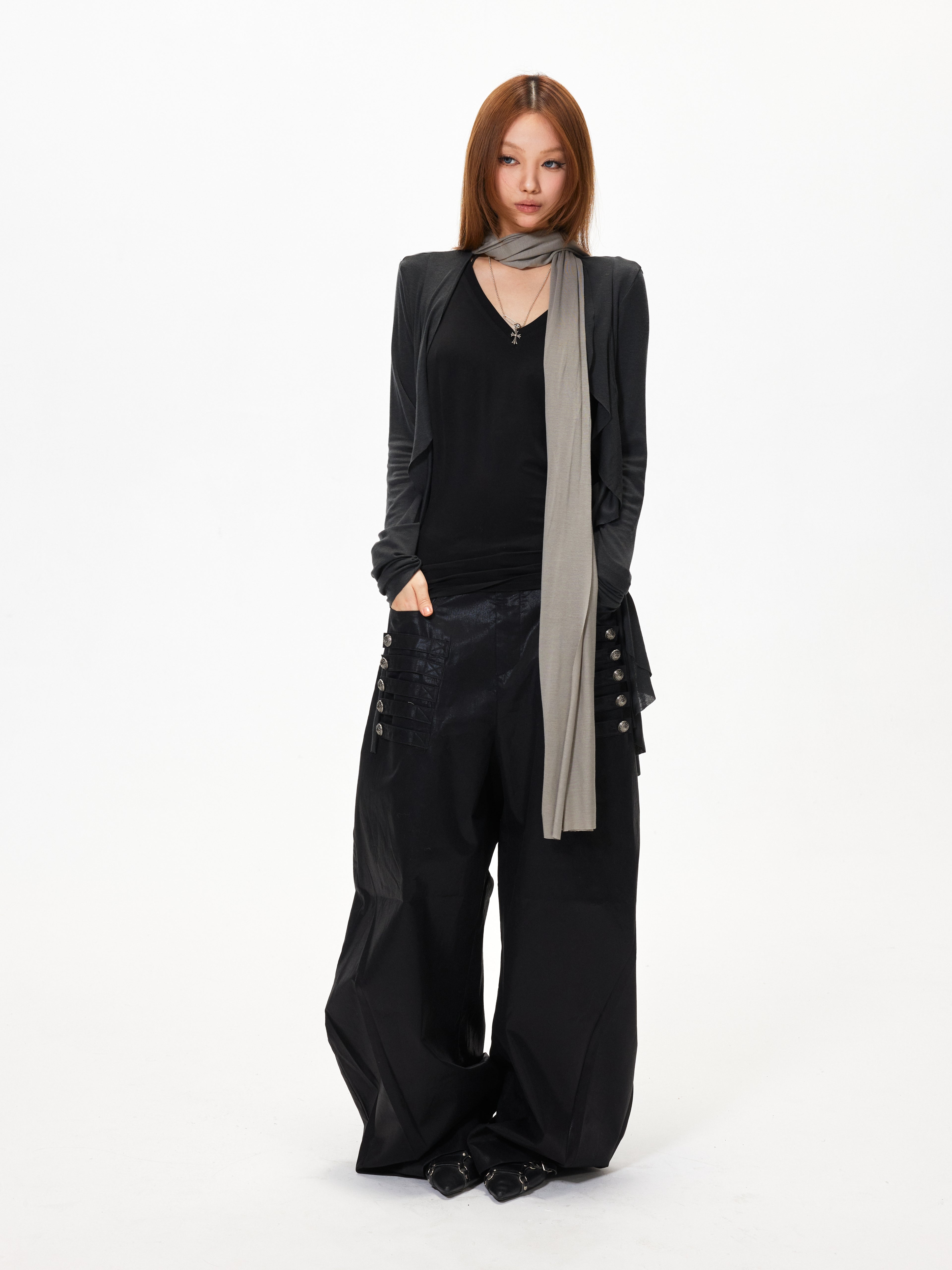 3mode 26ss Qishanminglizi Collaboration Edition - Snap-Button Curved Wide-Leg Pants