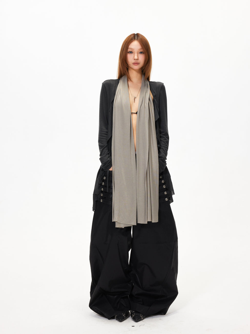 3mode 26ss Qishanminglizi Collaboration Edition - Snap-Button Curved Wide-Leg Pants