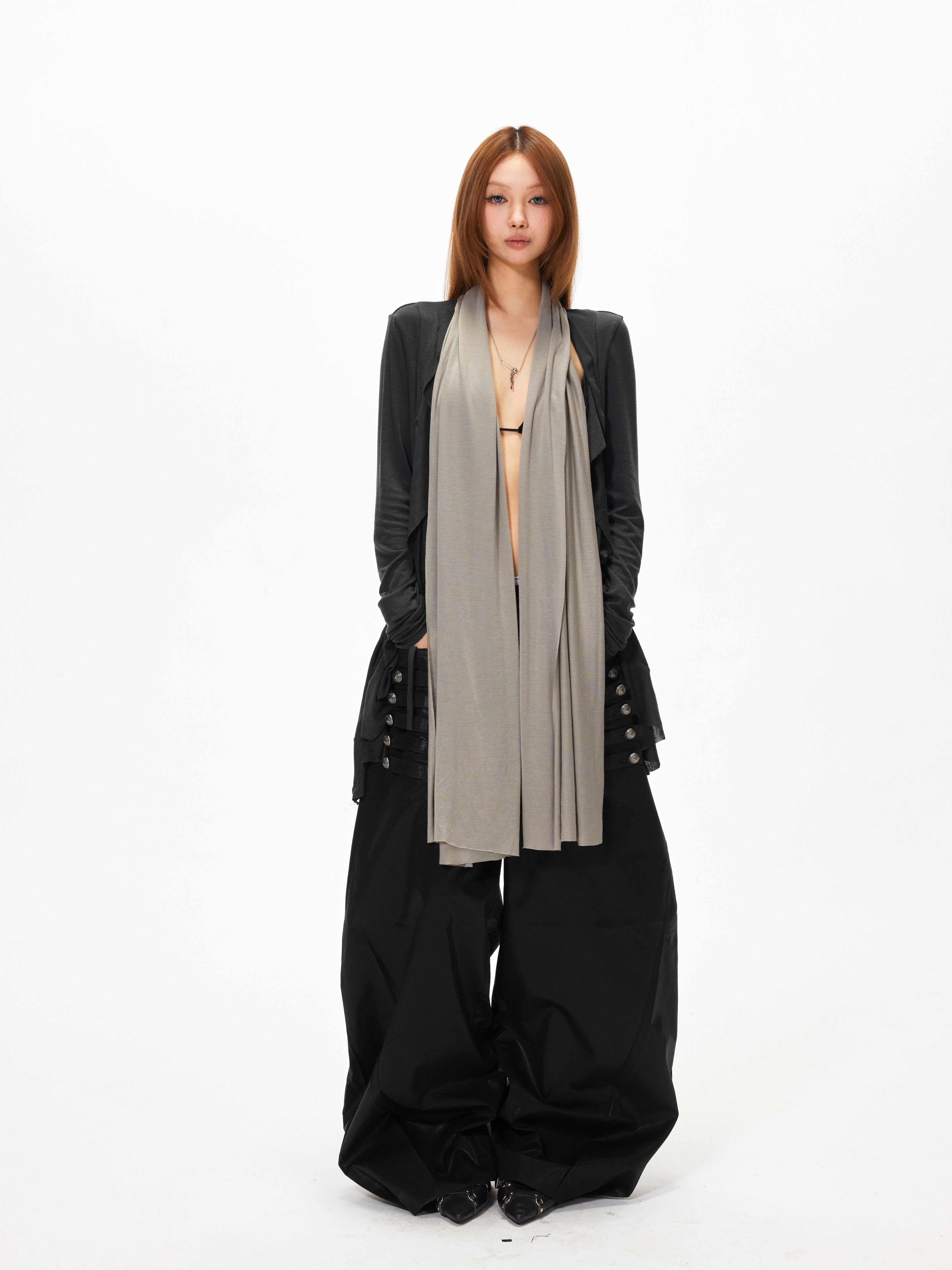 3mode 26ss Qishanminglizi Collaboration Edition - Snap-Button Curved Wide-Leg Pants