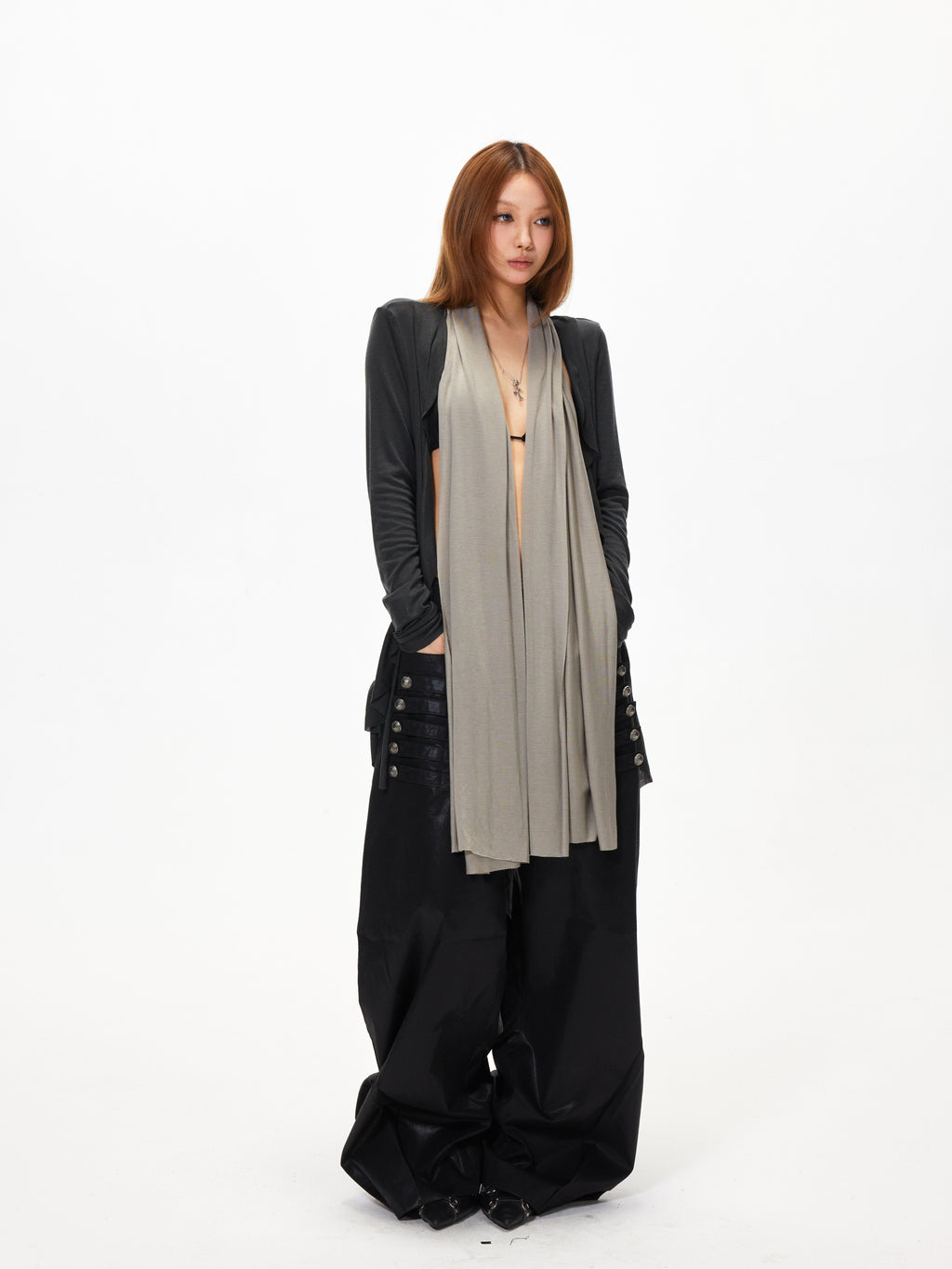 3mode 26ss Qishanminglizi Collaboration Edition - Snap-Button Curved Wide-Leg Pants