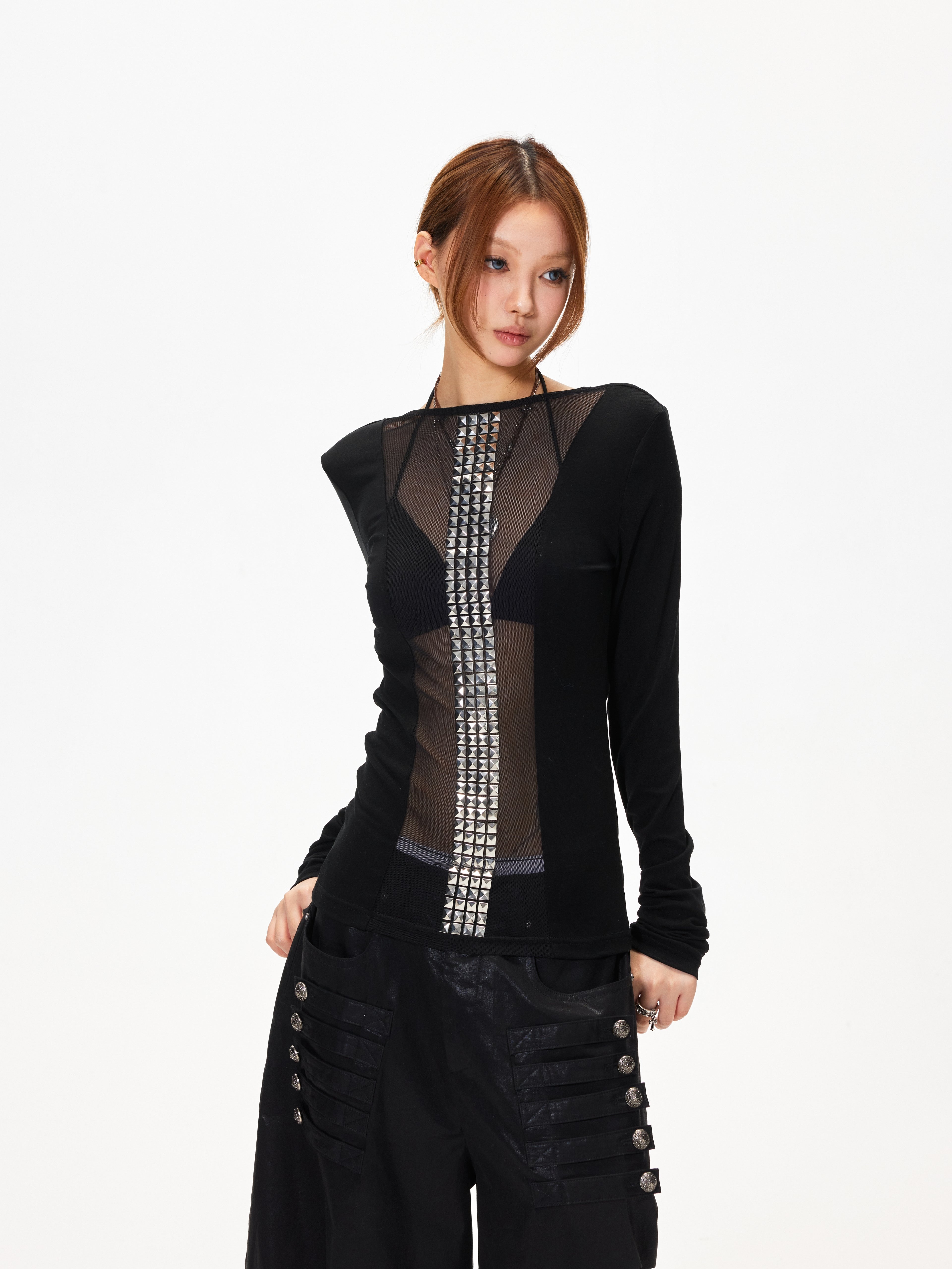 3mode 26ss Qishanminglizi Collaboration Edition - Sheer Mesh Panel Long Sleeve Top