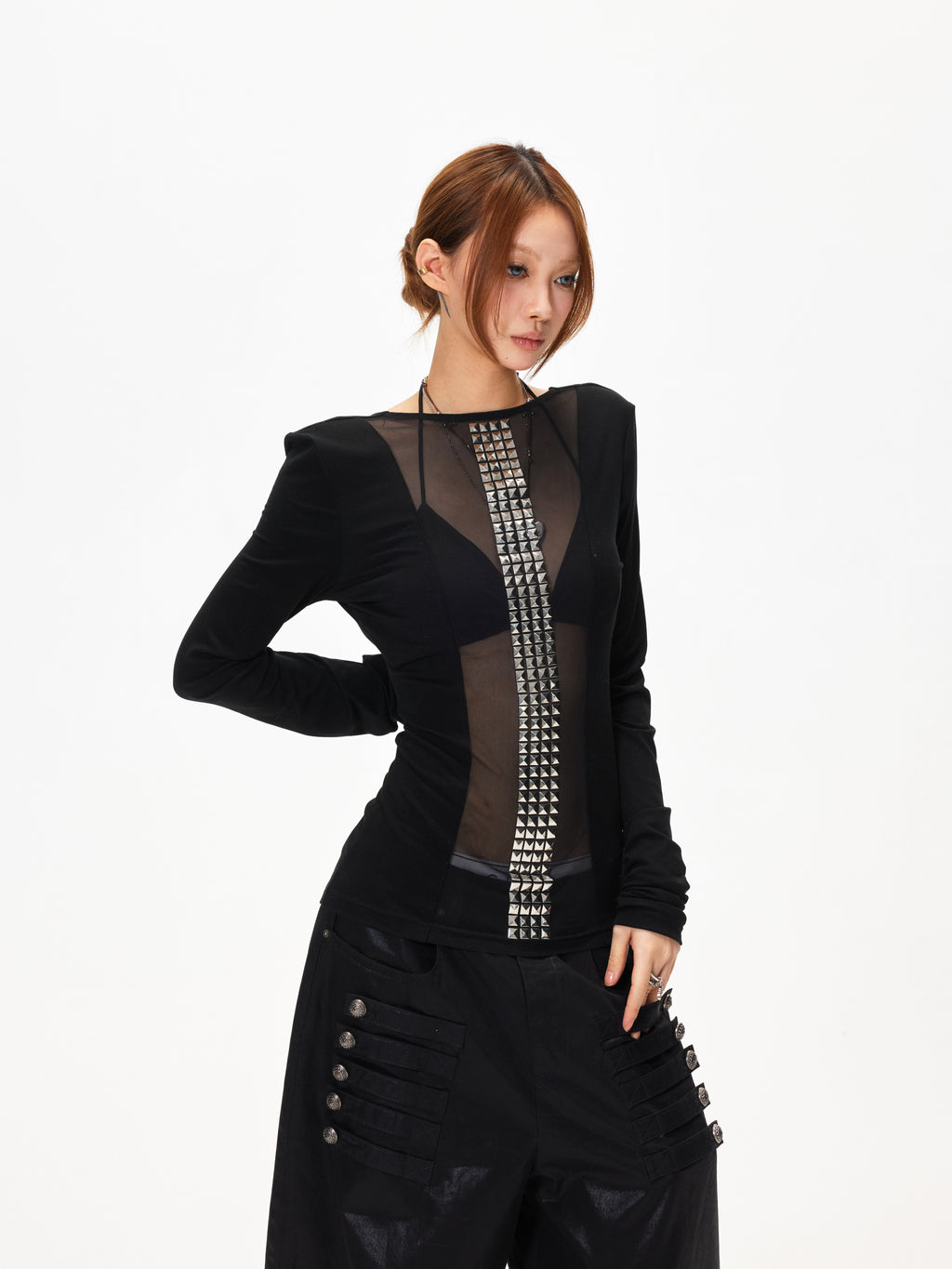 3mode 26ss Qishanminglizi Collaboration Edition - Sheer Mesh Panel Long Sleeve Top
