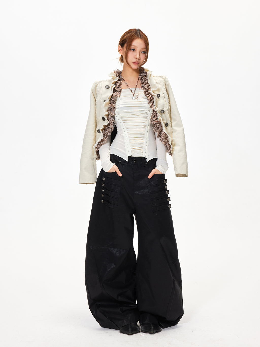 3mode 26ss Qishanminglizi Collaboration Edition - Snap-Button Curved Wide-Leg Pants