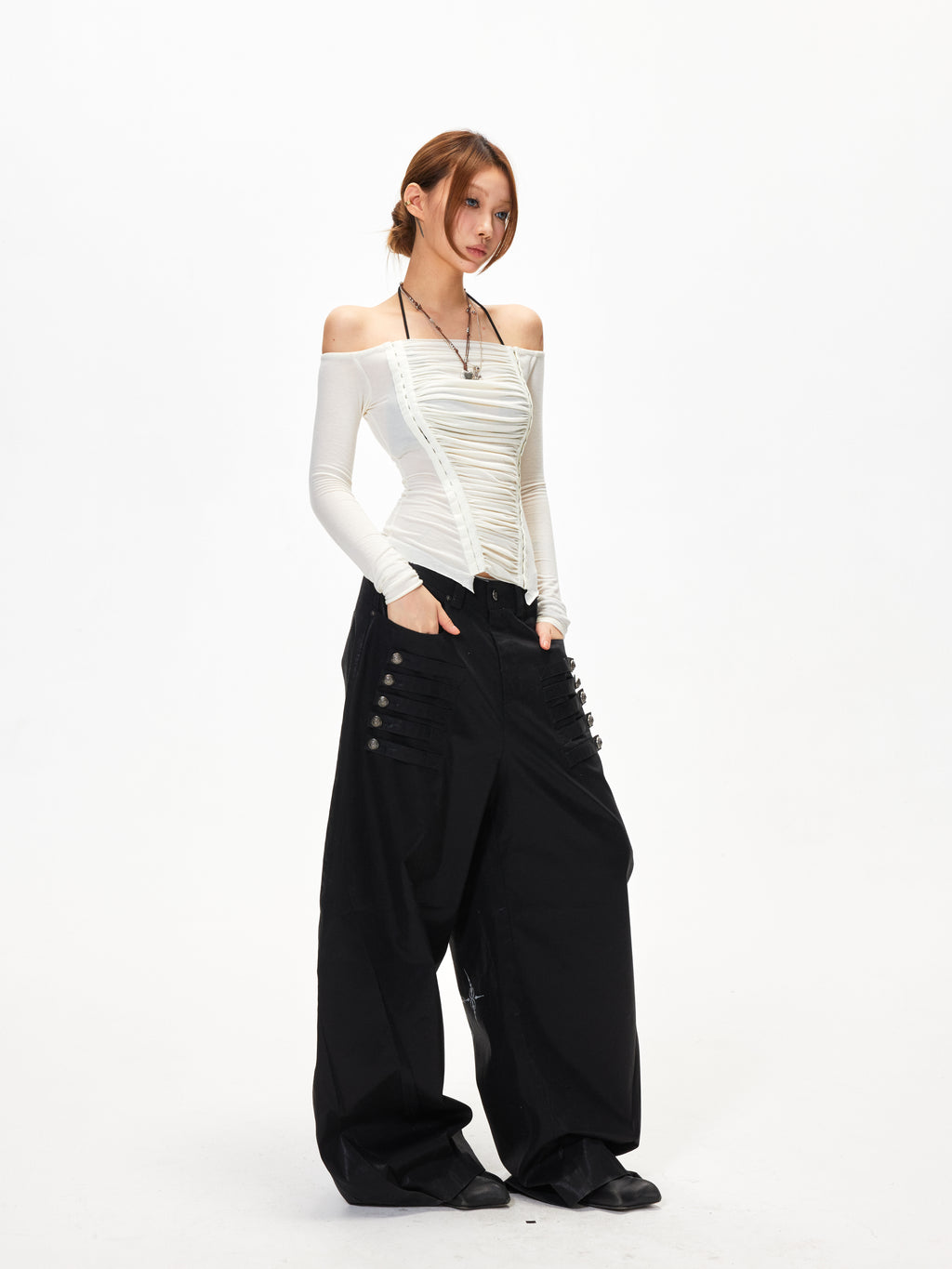 3mode 26ss Qishanminglizi Collaboration Edition - Snap-Button Curved Wide-Leg Pants