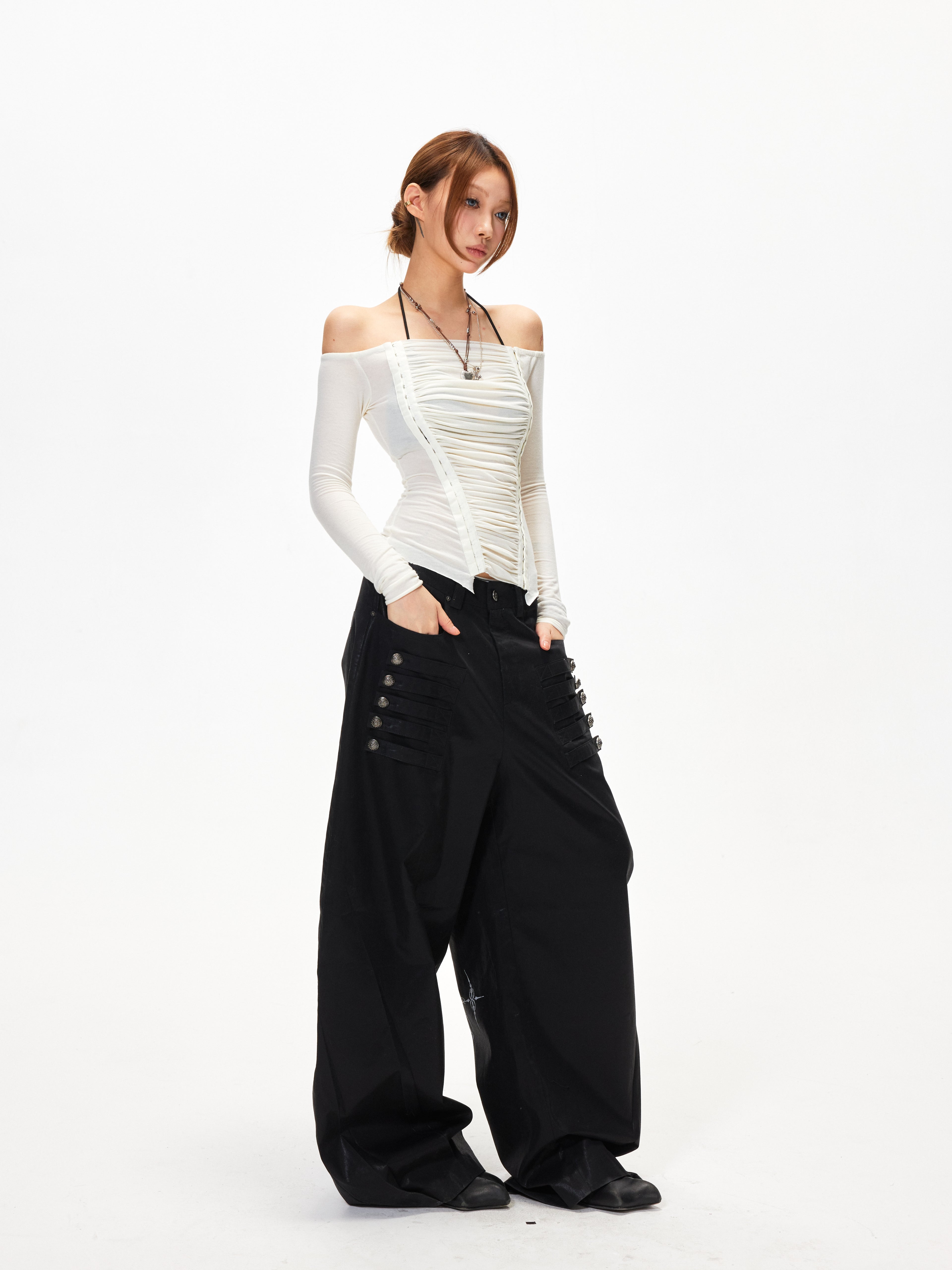 3mode 26ss Qishanminglizi Collaboration Edition - Snap-Button Curved Wide-Leg Pants
