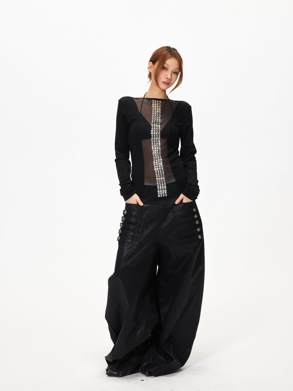 3mode 26ss Qishanminglizi Collaboration Edition - Snap-Button Curved Wide-Leg Pants