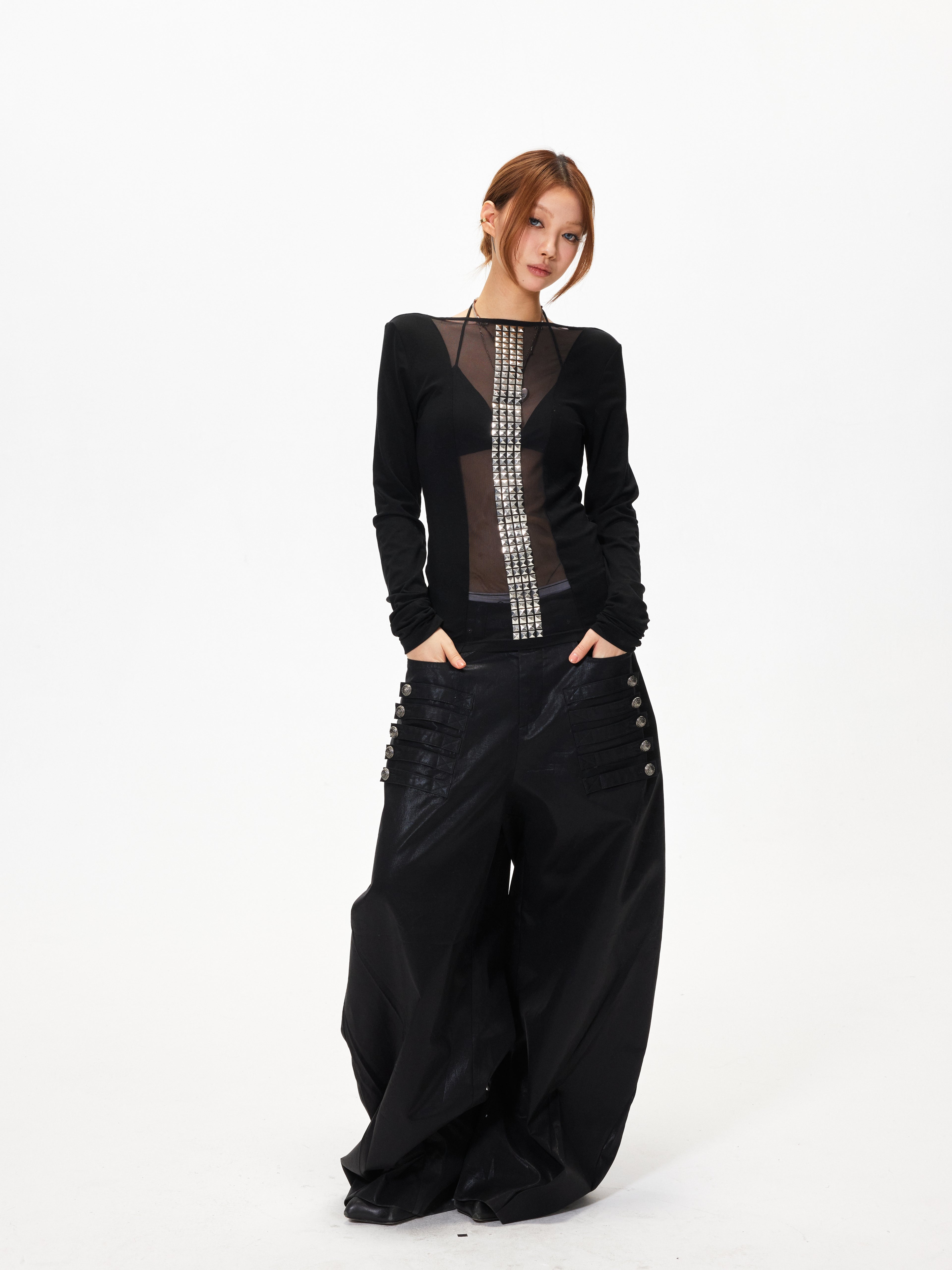 3mode 26ss Qishanminglizi Collaboration Edition - Snap-Button Curved Wide-Leg Pants