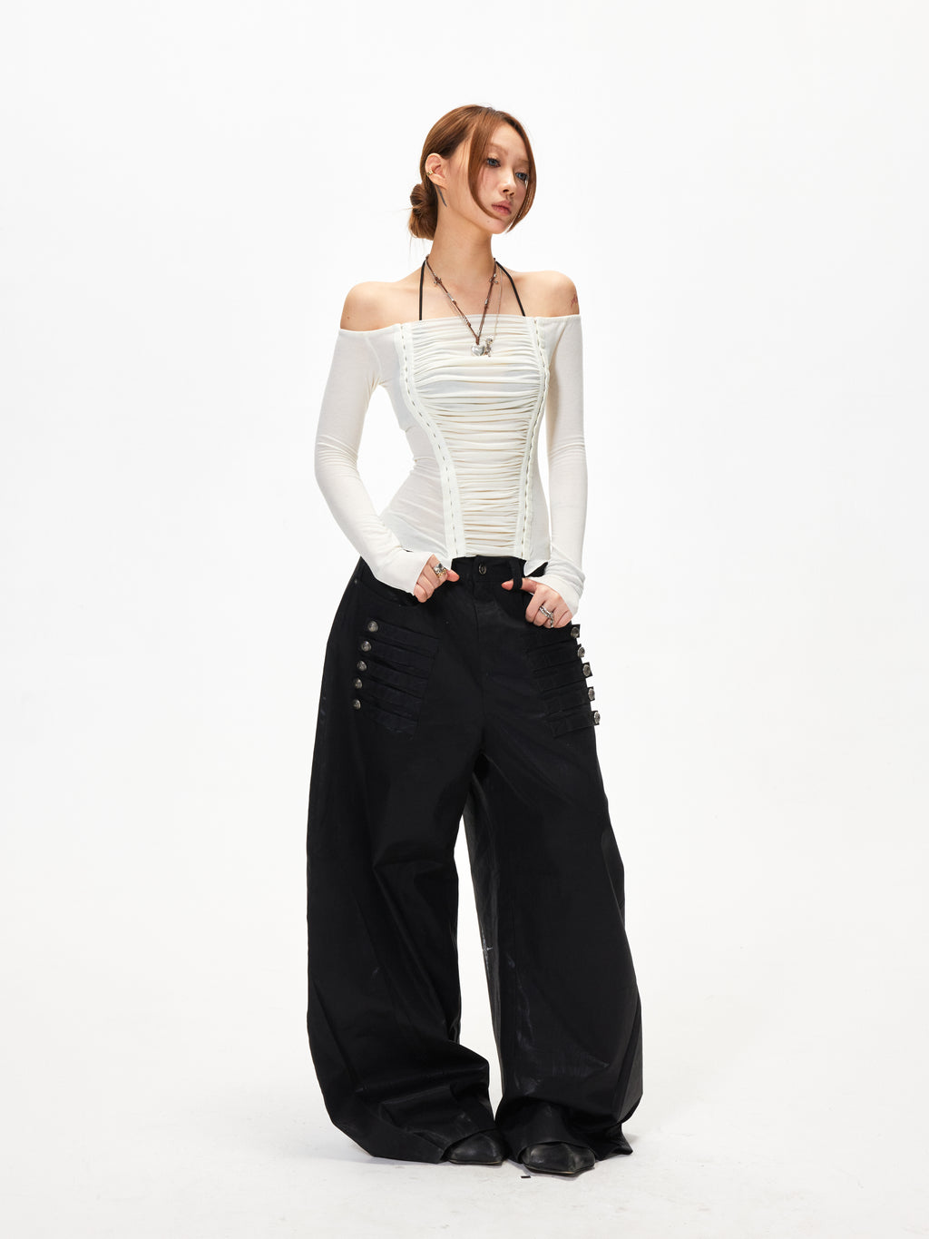 3mode 26ss Qishanminglizi Collaboration Edition - Snap-Button Curved Wide-Leg Pants