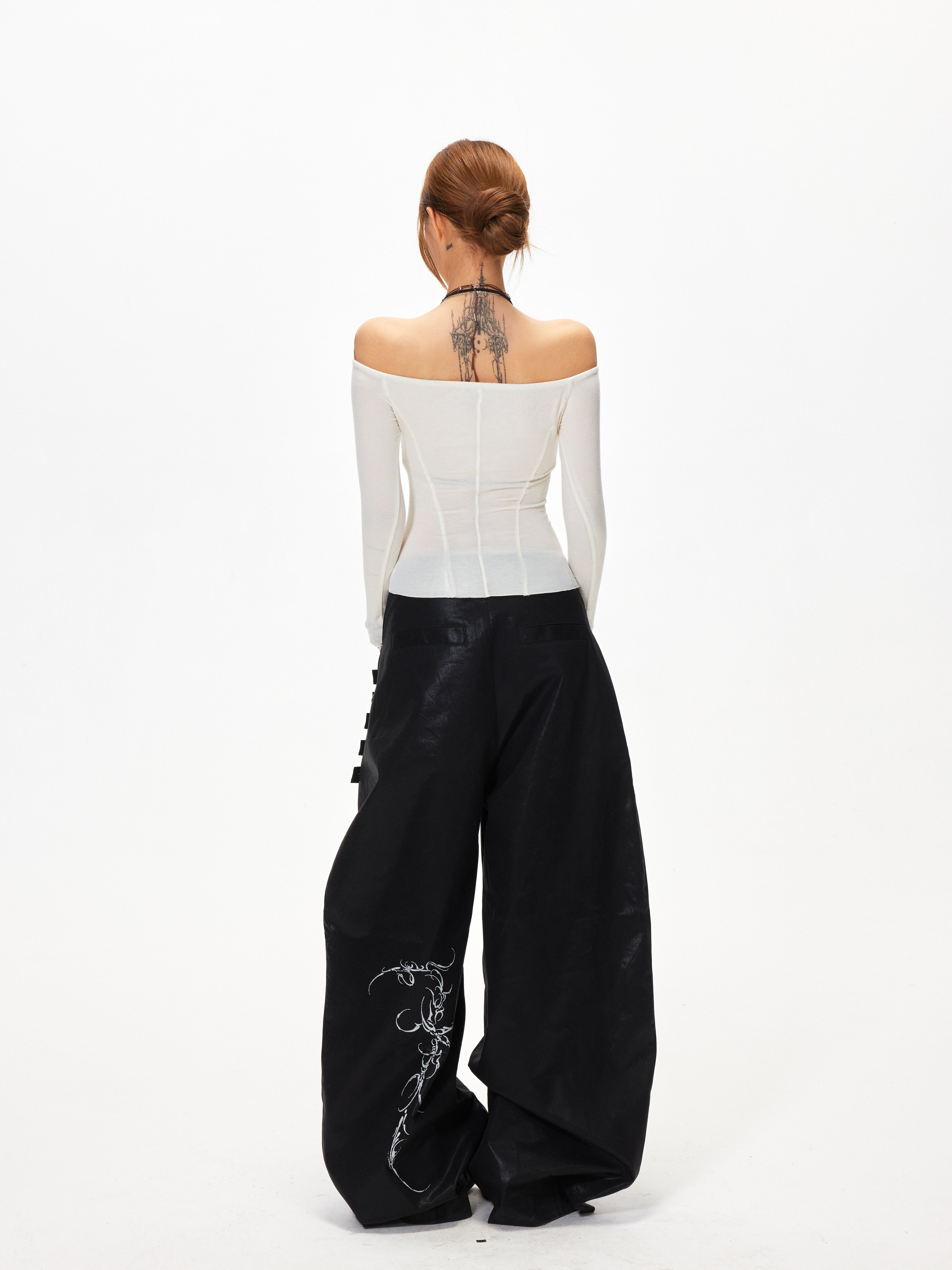 3mode 26ss Qishanminglizi Collaboration Edition - Snap-Button Curved Wide-Leg Pants