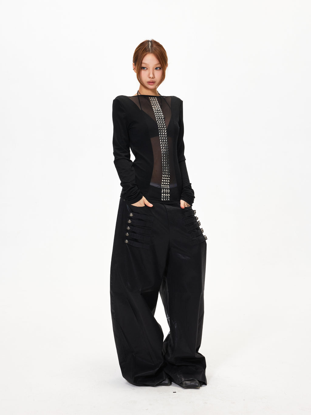 3mode 26ss Qishanminglizi Collaboration Edition - Snap-Button Curved Wide-Leg Pants