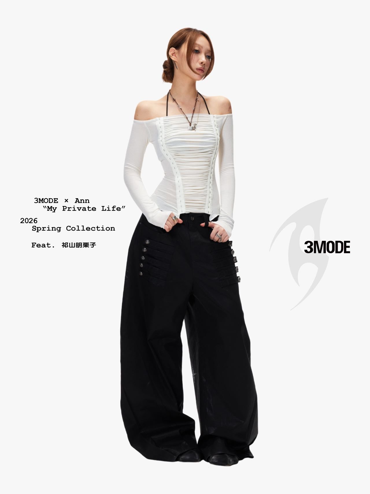 3mode 26ss Qishanminglizi Collaboration Edition - Off-Shoulder Ruched Slim Fit Long Sleeve Top