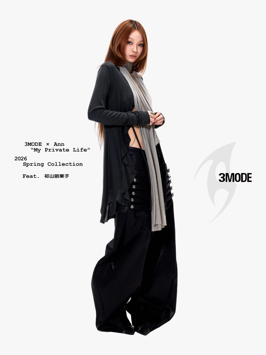 3mode 26ss Qishanminglizi Collaboration Edition - Snap-Button Curved Wide-Leg Pants