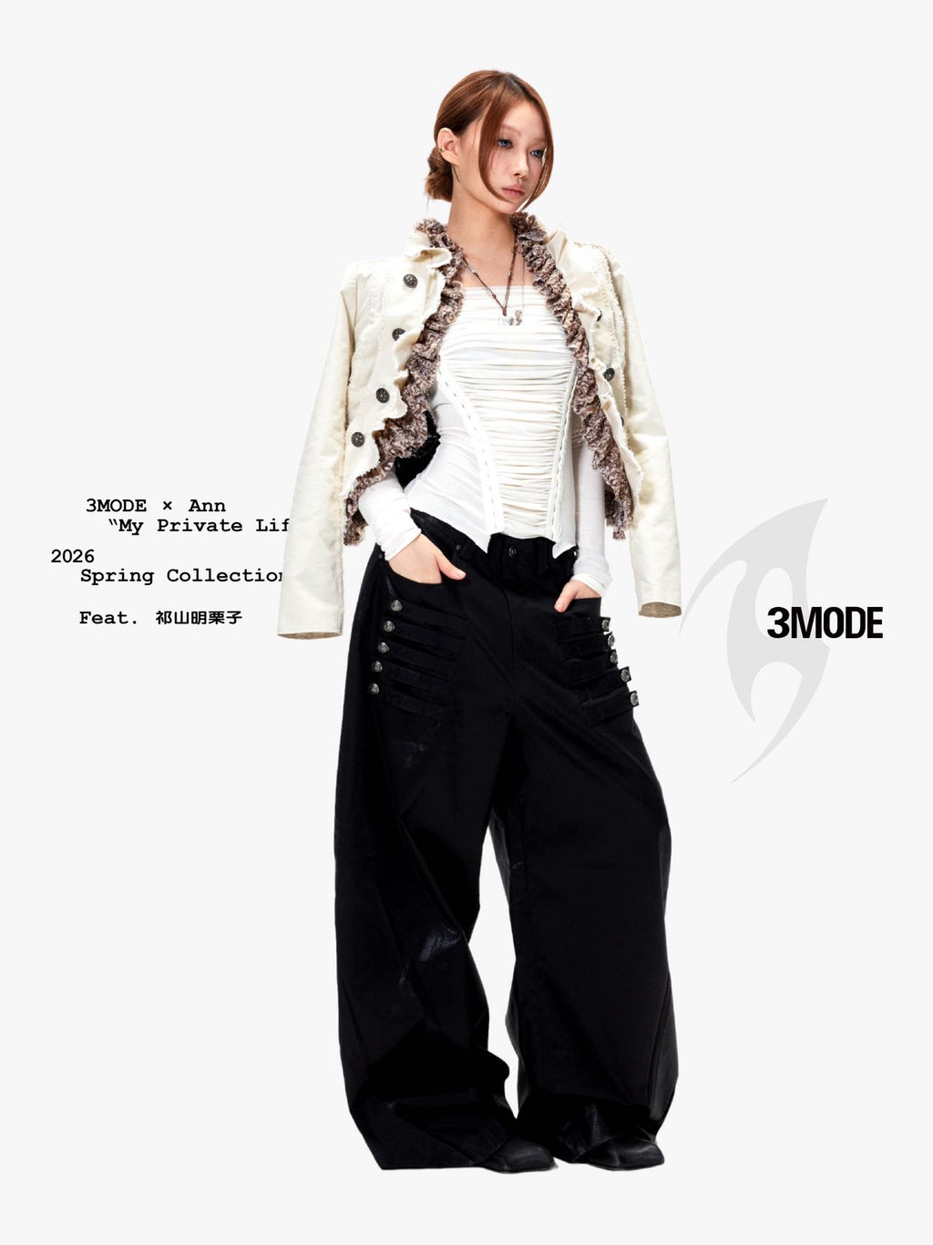 3mode 26ss Qishanminglizi Collaboration Edition - Snap-Button Curved Wide-Leg Pants