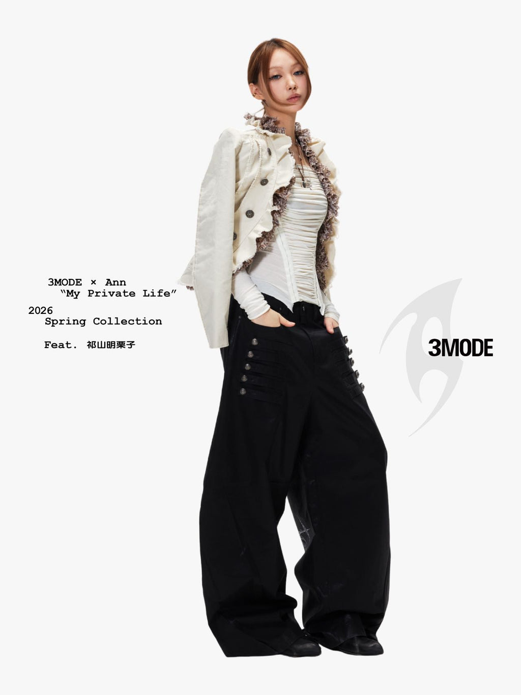 3mode 26ss Qishanminglizi Collaboration Edition - Snap-Button Curved Wide-Leg Pants