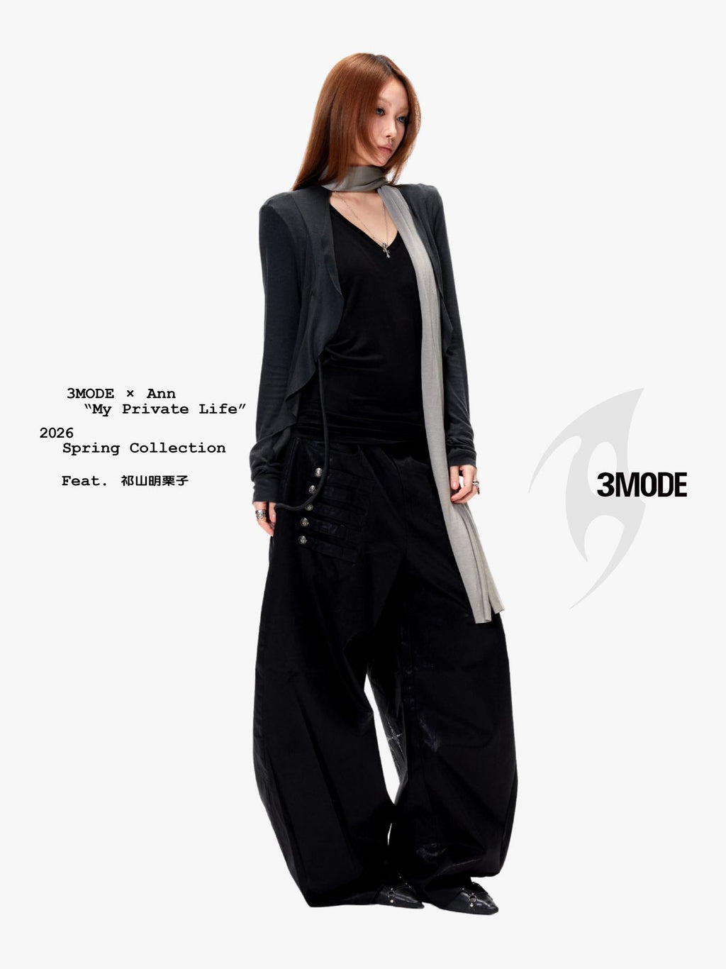 3mode 26ss Qishanminglizi Collaboration Edition - Snap-Button Curved Wide-Leg Pants
