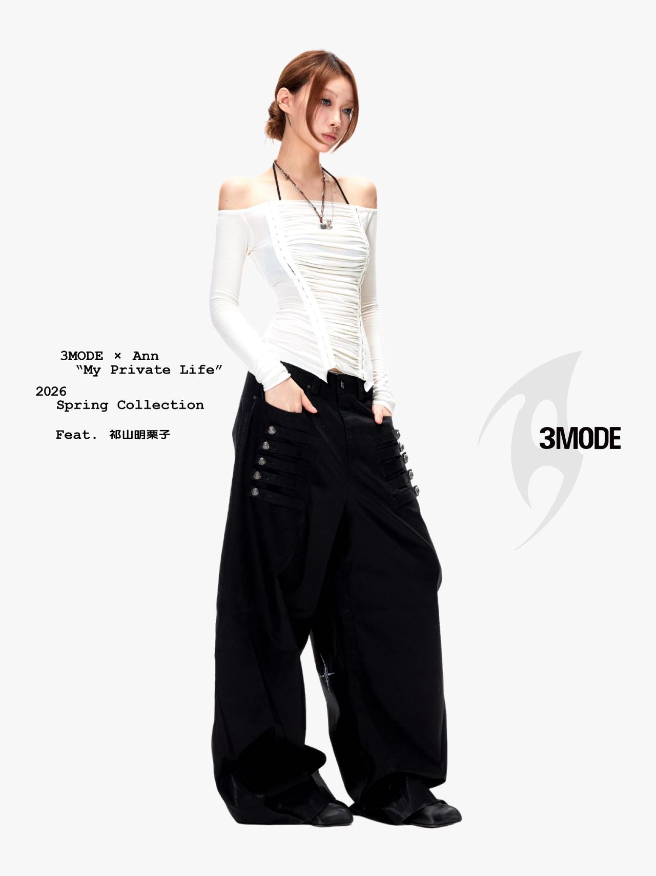 3mode 26ss Qishanminglizi Collaboration Edition - Off-Shoulder Ruched Slim Fit Long Sleeve Top